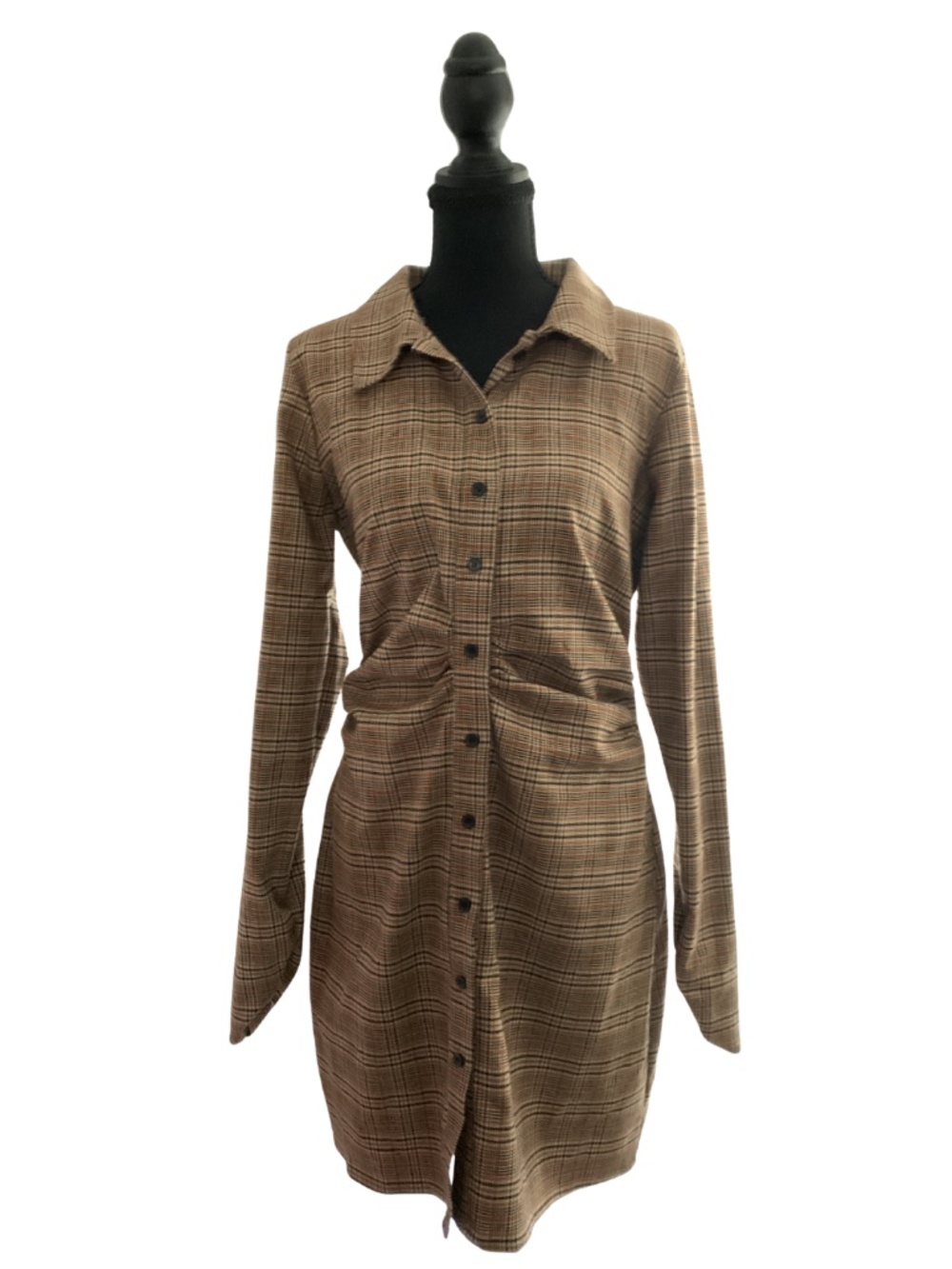 Zara Brown Plaid Midi Runched Shirt Dress Womens Large Cottagecore Dark Academia
